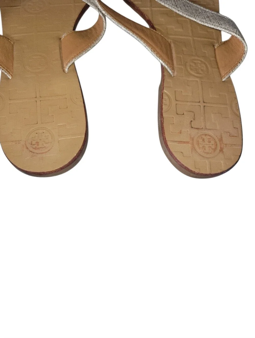 Tory Burch Thora  Metallic Silver Straps Leather W/Gold Logo Thong Sandals 8M